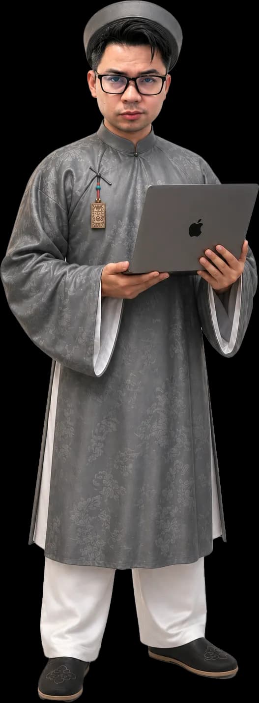 Tuan Nguyen in a traditional Vietnamese áo dài, holding a laptop