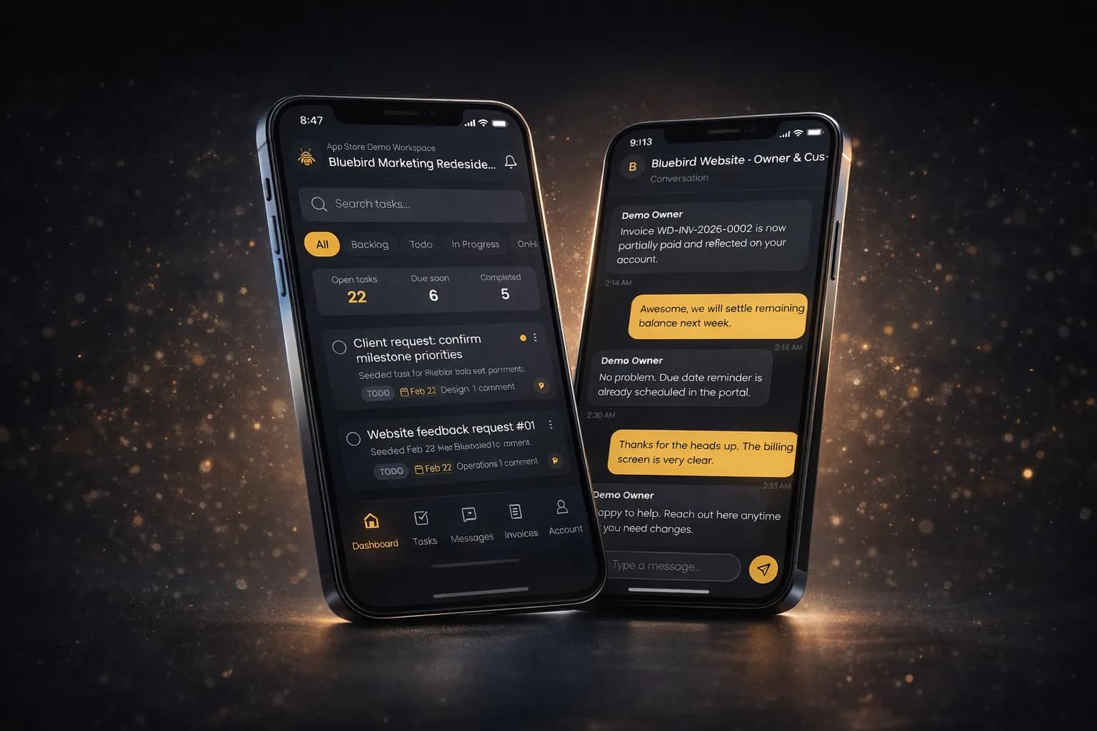 Beemud Client mobile app on two phones — a project task list with open, due-soon and completed counts, and a client conversation about an invoice