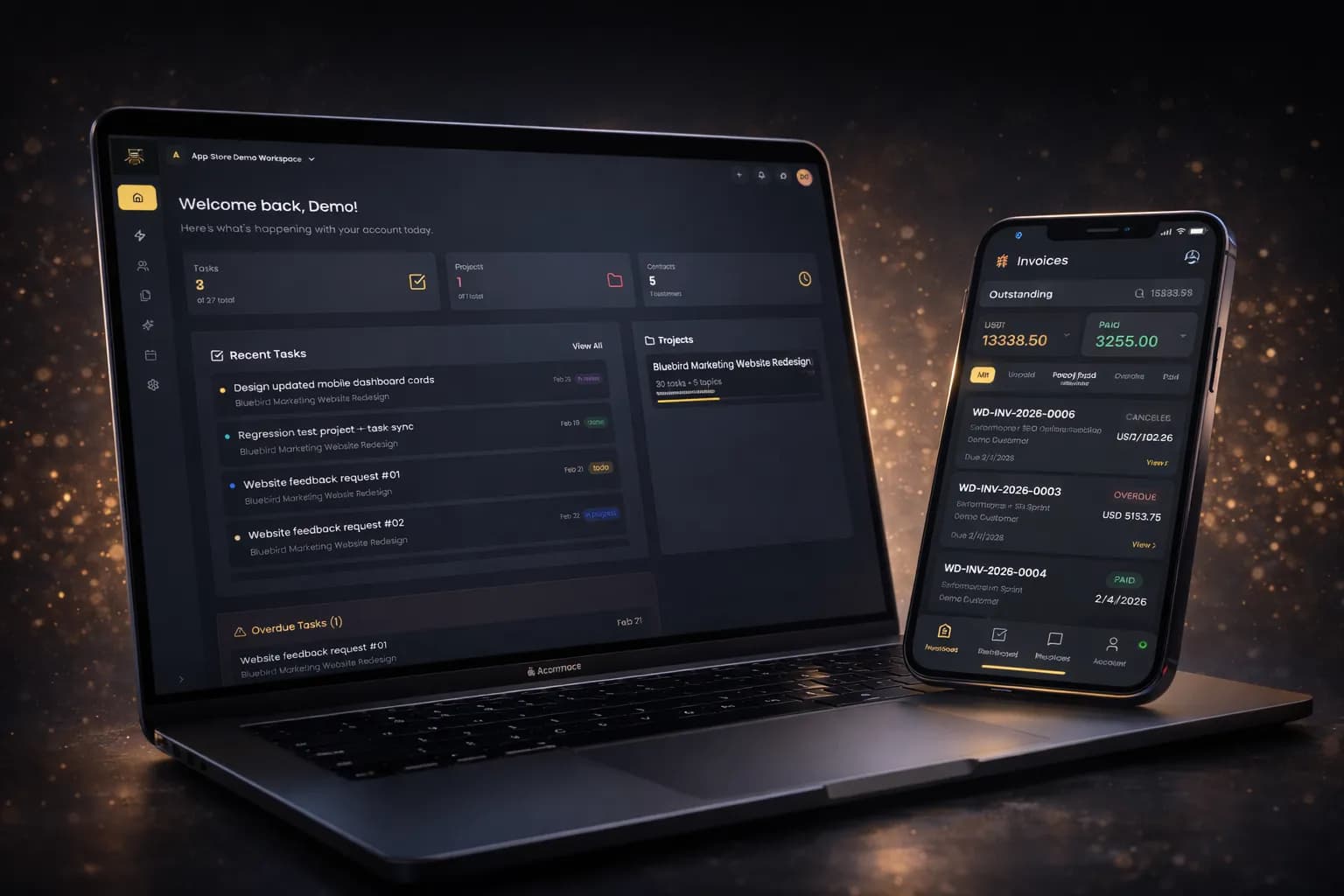 Beemud dashboard on a laptop showing task, project and contract counts, next to the mobile app listing outstanding and paid invoices