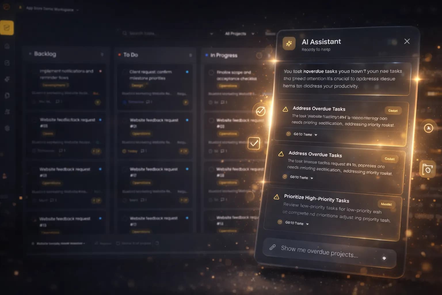 Beemud AI assistant panel over a task board, surfacing overdue tasks and priority suggestions with a link into each task